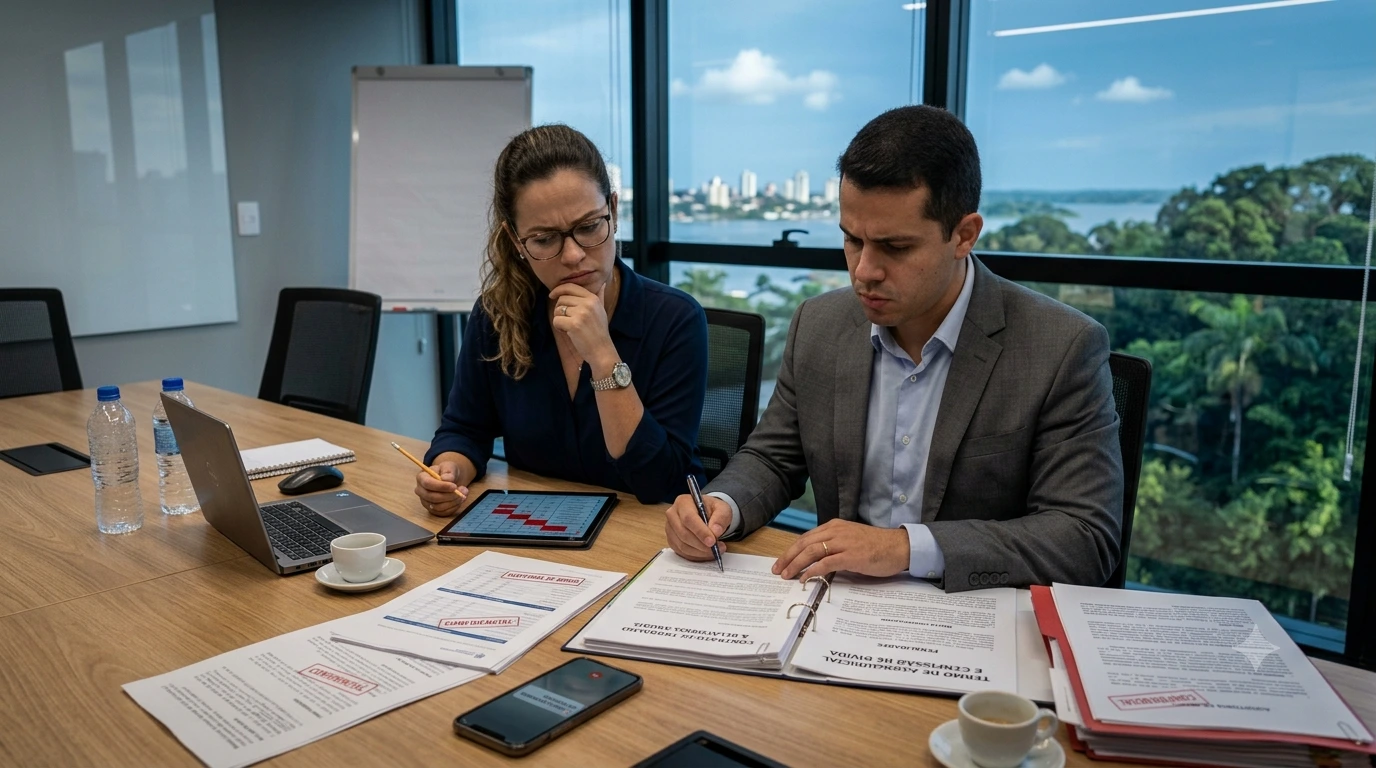 Advogado e gestor de RH analisando documentos de conformidade trabalhista juntos
