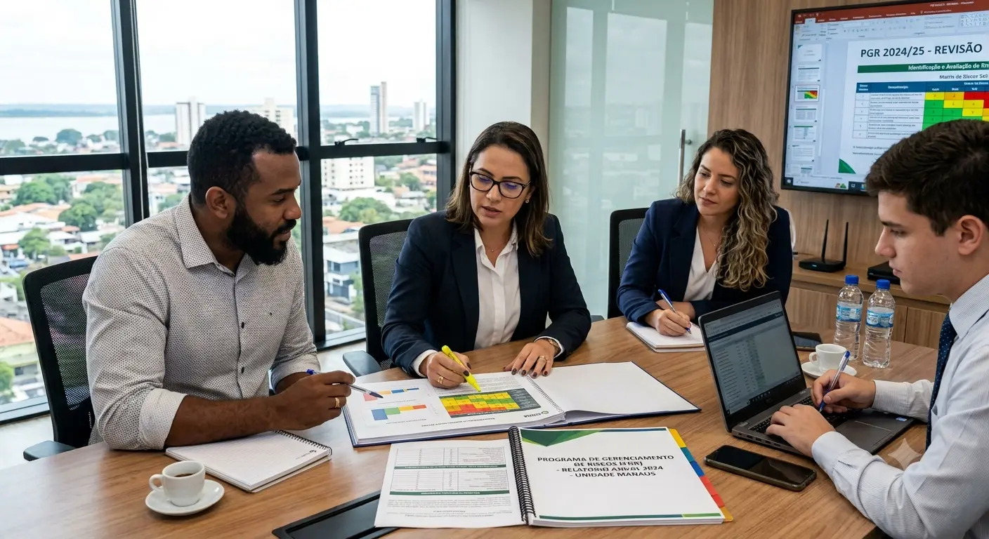 Documento de gestão de riscos ocupacionais sendo analisado em ambiente corporativo