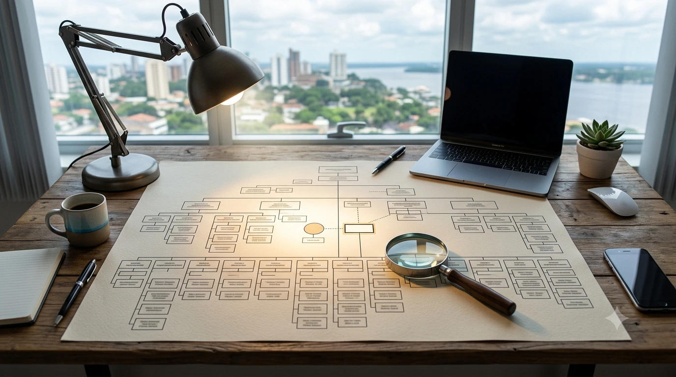 Luz destacando um ponto específico em um organograma sobre a mesa